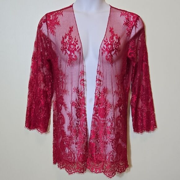 Red Sheer Lace Kimono Cardigan Whimsigoth Feminine Romantic Longerie Fishnet - Picture 13 of 13